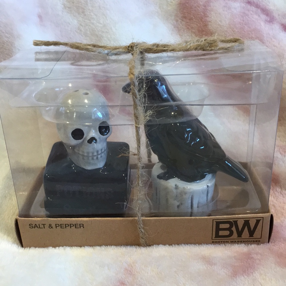 Halloween Salt & Pepper Shaker Set Skull On Spell Books Crow On Log NWT Ceramic